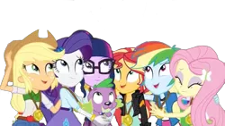 Size: 1334x750 | Tagged: safe, artist:superbobiann, derpibooru import, editor:superbobiann, applejack, fluttershy, rainbow dash, rarity, sci-twi, spike, spike the regular dog, sunset shimmer, twilight sparkle, dog, equestria girls, simple background, transparent background