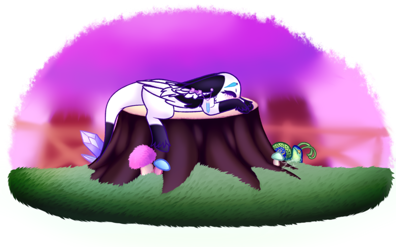 Size: 2279x1421 | Tagged: safe, artist:honeybbear, derpibooru import, oc, oc:beatz, unofficial characters only, nocturnal howler, original species, crystal, female, filly, mushroom, simple background, solo, transparent background, tree stump, younger