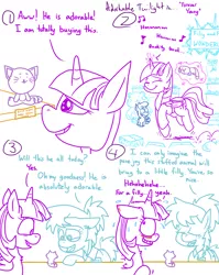 Size: 1280x1611 | Tagged: safe, artist:adorkabletwilightandfriends, derpibooru import, twilight sparkle, twilight sparkle (alicorn), oc, oc:ellen, oc:trevor, alicorn, pony, comic:adorkable twilight and friends, adorkable, adorkable twilight, blushing, comic, cute, dork, embarrassed, humor, kitten, lineart, plushie, store, tail, teddy bear, tongue out, toy, whiskers