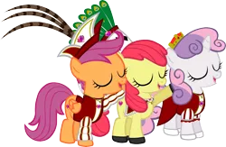 Size: 5481x3574 | Tagged: safe, artist:ironm17, derpibooru import, apple bloom, scootaloo, sweetie belle, earth pony, pegasus, pony, unicorn, adorabloom, carnival, clothes, costume, cute, cutealoo, cutie mark crusaders, diasweetes, eyes closed, female, filly, germany, hat, image, png, sassabloom, sassascoots, sassasweetes, simple background, transparent background