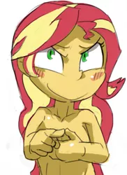 Size: 975x1340 | Tagged: suggestive, artist:baigak, derpibooru import, sunset shimmer, equestria girls, blush sticker, blushing, breasts, clothes, covering, female, nudity, partial nudity, pointing, solo, solo female, topless