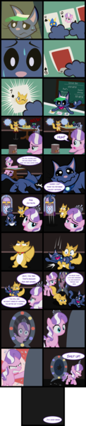 Size: 2000x9846 | Tagged: safe, artist:magerblutooth, derpibooru import, diamond tiara, oc, oc:dazzle, oc:il, oc:peal, cat, earth pony, imp, pony, comic:diamond and dazzle, bits, broken mirror, comic, gambling, jukebox, mirror, mug, playing card, sweat