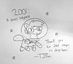 Size: 1638x1440 | Tagged: safe, artist:tjpones, derpibooru import, oc, oc:tjpones, earth pony, pony, 2001: a space odyssey, astronaut, floating, glasses, lineart, male, monochrome, mouth hold, pencil, signature, simple background, solo, space, spacesuit, stallion, stars, traditional art