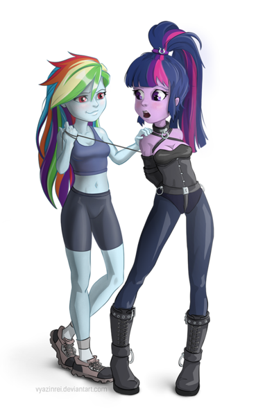 Size: 677x1100 | Tagged: suggestive, artist:vyazinrei, derpibooru import, rainbow dash, twilight sparkle, equestria girls, arm behind back, armbinder, belly button, bondage, breasts, clothes, collar, midriff, monoglove, simple background, sports bra, sports shorts, transparent background