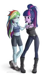 Size: 677x1100 | Tagged: suggestive, artist:vyazinrei, derpibooru import, rainbow dash, twilight sparkle, equestria girls, arm behind back, armbinder, belly button, bondage, breasts, clothes, collar, midriff, monoglove, simple background, sports bra, sports shorts, transparent background