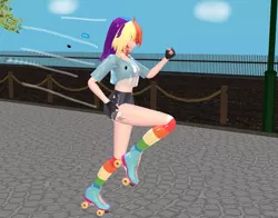 Size: 1527x1200 | Tagged: 3d, artist:killingpie03, artist:lewdman03, clothes, comic, comic:speedy burn up, derpibooru import, female, human, humanized, midriff, mmd, rainbow dash, rainbow socks, roller skates, safe, short shirt, socks, solo, striped socks