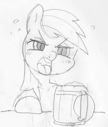 Size: 1072x1257 | Tagged: safe, artist:baigak, derpibooru import, rainbow dash, pegasus, pony, cider, female, mare, monochrome, open mouth, solo, tankard