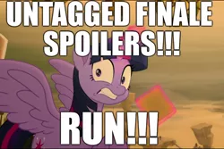 Size: 1208x808 | Tagged: alicorn, derpibooru, derpibooru import, edit, edited screencap, editor:useraccount, end of ponies, excessive exclamation marks, image macro, meme, meta, my little pony: the movie, safe, screencap, season 8, spoiler, text, twilight sparkle, twilight sparkle (alicorn)