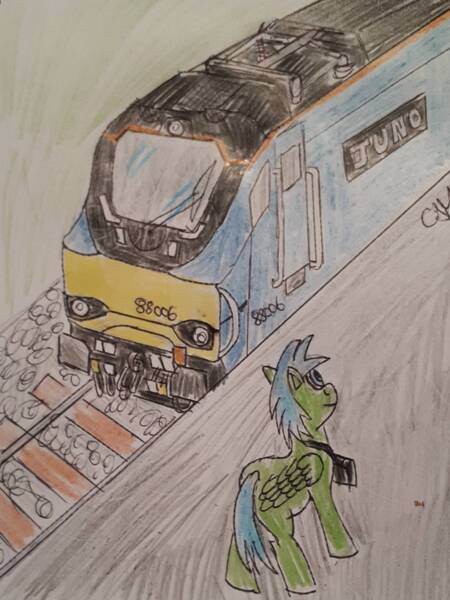 Size: 1126x1501 | Tagged: artist:rapidsnap, derpibooru import, oc, oc:rapidsnap, photo, safe, solo, traditional art, train, trainspotting, unofficial characters only