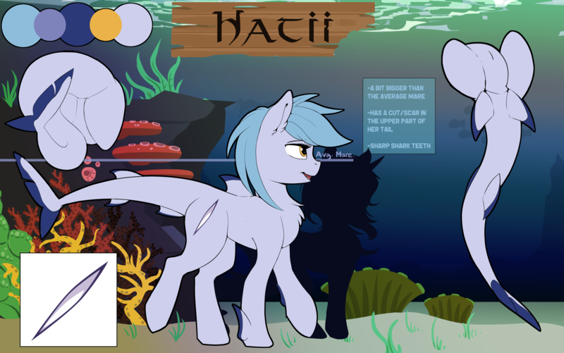 Size: 5248x3288 | Tagged: artist:beardie, coral, derpibooru import, disembodied plot, female, fins, height scale, mare, oc, ocean, oc:hatii, original species, reference sheet, safe, seaweed, shark pony, solo, text, unofficial characters only, walking