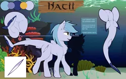 Size: 5248x3288 | Tagged: artist:beardie, coral, derpibooru import, disembodied plot, female, fins, height scale, mare, oc, ocean, oc:hatii, original species, reference sheet, safe, seaweed, shark pony, solo, text, unofficial characters only, walking