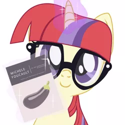 Size: 2800x2800 | Tagged: safe, artist:aaronmk, derpibooru import, moondancer, pony, unicorn, aubergine, book, bust, eggplant, female, food, glasses, looking at you, magic, mare, michel foucault, portrait, simple background, solo, the history of sexuality, white background