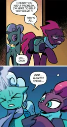 Size: 657x1231 | Tagged: safe, artist:andypriceart, derpibooru import, idw, glitter drops, tempest shadow, pony, unicorn, spoiler:comic, spoiler:comic67, spoiler:comic68, broken horn, cropped, eye scar, female, hoof shoes, mare, official comic, out of context, scar, speech bubble