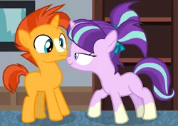 Size: 6997x4953 | Tagged: safe, artist:frownfactory, derpibooru import, edit, edited screencap, editor:slayerbvc, screencap, starlight glimmer, sunburst, uncommon bond, absurd resolution, colt, colt sunburst, female, filly, filly starlight glimmer, male, not sure if want, out of context, ponies wearing sunburst's socks, sockless sunburst, socks (coat marking), window, younger