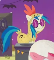 Size: 239x263 | Tagged: safe, artist:leire martin, derpibooru import, pinkie pie, vinyl scratch, pony, unicorn, an egg-cellent costume party, animal costume, chicken suit, clothes, costume, cutie mark on clothes, little golden book, sunglasses