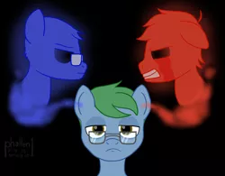 Size: 1438x1124 | Tagged: safe, artist:phallen1, derpibooru import, oc, oc:software patch, unofficial characters only, earth pony, pony, atg 2018, bags under eyes, black background, glasses, inner conflict, metaphor, newbie artist training grounds, simple background, split personality