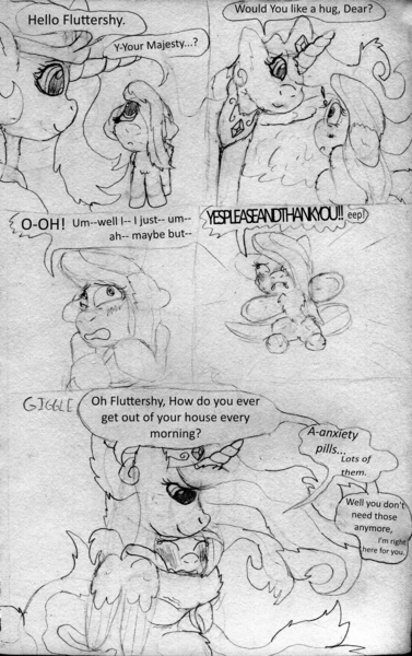 Size: 1681x2675 | Tagged: safe, artist:firefanatic, derpibooru import, fluttershy, princess celestia, adorable distress, blushing, chest fluff, comic, cute, dialogue, fluffy, hug, shyabetes, traditional art