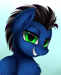 Size: 1424x1764 | Tagged: safe, artist:pridark, derpibooru import, oc, unofficial characters only, pegasus, pony, bust, commission, grin, looking at you, male, portrait, smiling, smug, solo, stallion