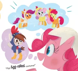 Size: 780x713 | Tagged: safe, artist:leire martin, derpibooru import, apple bloom, pinkie pie, pipsqueak, scootaloo, sweetie belle, earth pony, pegasus, pony, unicorn, an egg-cellent costume party, animal costume, blushing, chicken suit, clothes, colt, costume, cutie mark crusaders, egg costume, eyepatch, eyes closed, female, filly, little golden book, male, mare, open mouth, scootachicken, scootaloo is best chicken