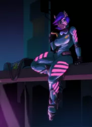 Size: 931x1280 | Tagged: anthro, anthro oc, artist:toughset, catsuit, clothes, cyberpunk, derpibooru import, dyed mane, ear piercing, eating, female, food, glow, goggles, latex, latex suit, neon, oc, oc:joyeus, piercing, pizza, safe, skates, solo, unofficial characters only, zebra