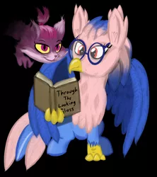 Size: 1856x2094 | Tagged: artist:venaf, atg 2018, black background, book, cat, cheshire cat, classical hippogriff, derpibooru import, glasses, hippogriff, newbie artist training grounds, oc, oc:vivian iolani, reading, red eyes, safe, simple background, sitting