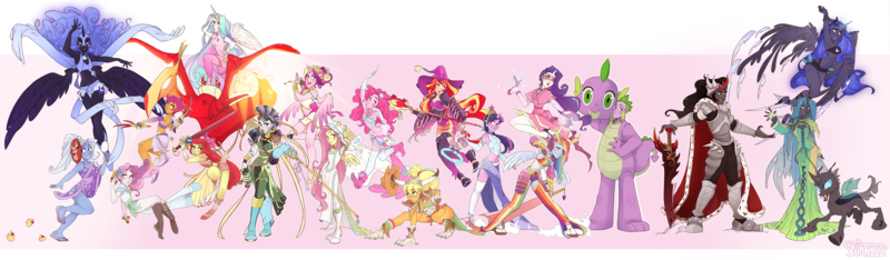 Size: 7800x2282 | Tagged: safe, artist:skirtzzz, derpibooru import, apple bloom, applejack, fluttershy, king sombra, nightmare moon, philomena, pinkie pie, princess cadance, princess celestia, princess luna, queen chrysalis, rainbow dash, rarity, scootaloo, spike, sunset shimmer, sweetie belle, trixie, twilight sparkle, zecora, changeling, human, robot, armpits, big crown thingy, bikini, boots, card, claws, clothes, cutie mark crusaders, dress, dressphere, female, final fantasy x-2, flying, gala dress, horned humanization, humanized, jewelry, male, mane six, mascot, midriff, regalia, shoes, socks, spike suit, swimsuit, thigh highs, tongue out, winged humanization, wings