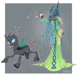 Size: 2600x2600 | Tagged: artist:skirtzzz, changeling, clothes, corset, crossover, derpibooru import, dress, dressphere, final fantasy, final fantasy x-2, fingerless gloves, gloves, horned humanization, human, humanized, pony coloring, queen chrysalis, safe, trainer