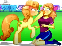 Size: 1360x1020 | Tagged: safe, artist:the-butch-x, derpibooru import, carrot top, golden harvest, orange sherbette, earth pony, pony, equestria girls, angry, background human, background pony, bow, breasts, busty carrot top, carrot, clothes, cross-popping veins, female, food, force feeding, hair bow, human ponidox, kneeling, self ponidox, shirt, shorts, shove, sports, uniform