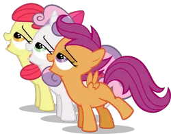 Size: 3466x2698 | Tagged: safe, artist:drewdini, derpibooru import, apple bloom, scootaloo, sweetie belle, earth pony, pegasus, pony, unicorn, bedroom eyes, cutie mark crusaders, female, filly, high res, leaning forward, simple background, transparent background, trio, vector