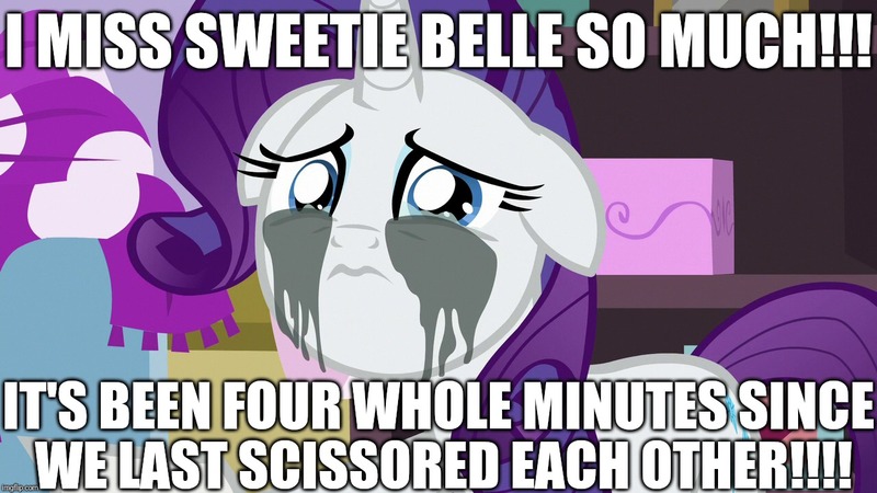 Size: 1280x720 | Tagged: suggestive, derpibooru import, edit, edited screencap, editor:useraccount, screencap, rarity, sweetie belle, pony, unicorn, forever filly, caption, crying, excessive exclamation marks, female, image macro, implied sex, incest, lesbian, low effort, makeup, mare, meme, raribelle, rarity's fetish, running makeup, shipping, solo, solo female, tribadism