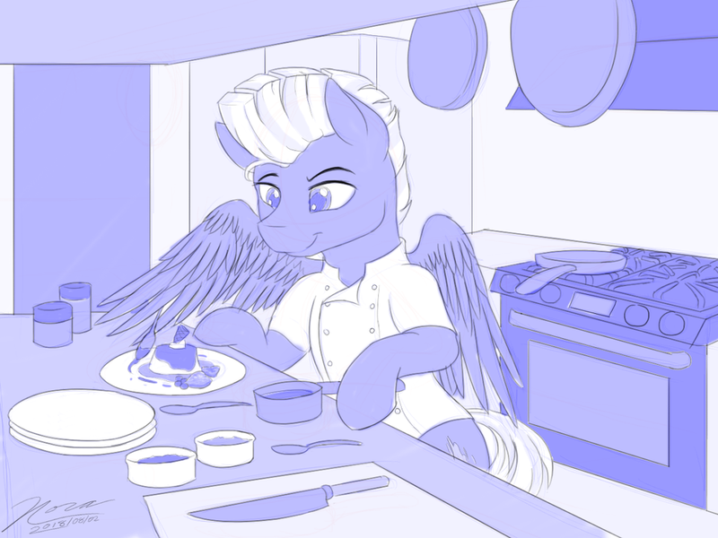 Size: 1024x768 | Tagged: safe, artist:novaintellus, derpibooru import, thunderlane, pegasus, pony, atg 2018, bipedal, chef, clothes, cooking, kitchen, male, monochrome, newbie artist training grounds, signature, stallion