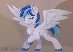 Size: 3012x2173 | Tagged: safe, artist:airfly-pony, derpibooru import, oc, oc:rainy, unofficial characters only, pegasus, pony, belly, ear fluff, fluffy, hoof hold, hoofsies, looking at you, male, mountain, mountain range, rcf community, serious, serious face, short hair, short mane, short tail, smiling, solo, spread wings, wings