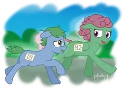 Size: 1132x810 | Tagged: safe, artist:phallen1, derpibooru import, oc, oc:software patch, oc:windcatcher, unofficial characters only, earth pony, pegasus, pony, atg 2018, glasses, looking at each other, newbie artist training grounds, running, side by side, simple background, smiling, sweat, transparent background