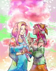 Size: 2996x3840 | Tagged: artist:icqgirl, artist:mono-phos, bracelet, butterfly, clothes, colored, colored sketch, color porn, derpibooru import, dress, drugs, eyestrain warning, female, flutterhugger, fluttershy, holding hands, human, humanized, jewelry, joint, lesbian, marijuana, one eye closed, .psd available, safe, shipping, traditional art emulation, tree hugger, wink