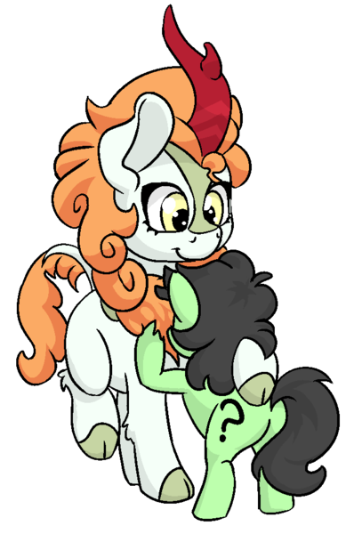 Size: 660x1018 | Tagged: safe, artist:lockhe4rt, derpibooru import, autumn blaze, oc, oc:anonfilly, kirin, sounds of silence, cloven hooves, cute, female, filly, hug, simple background, transparent background