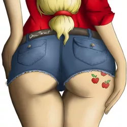 Size: 1200x1200 | Tagged: applebutt, applejack, artist needed, ass, butt, butt only, clothes, cutie mark tattoo, daisy dukes, derpibooru import, hand on hip, human, humanized, jeans, shorts, solo, style emulation, suggestive, wedgie