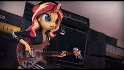 Size: 9600x5400 | Tagged: safe, artist:imafutureguitarhero, derpibooru import, sunset shimmer, anthro, plantigrade anthro, unicorn, equestria girls, 3d, absurd file size, absurd resolution, adidas, amplifier, bass guitar, black bars, chromatic aberration, clothes, colored pupils, female, film grain, freckles, guitar, headphones, jacket, mare, microphone, microphone stand, musical instrument, nose wrinkle, open mouth, pants, playing instrument, rickenbacker, signature, solo, source filmmaker, speaker, studio, tracksuit