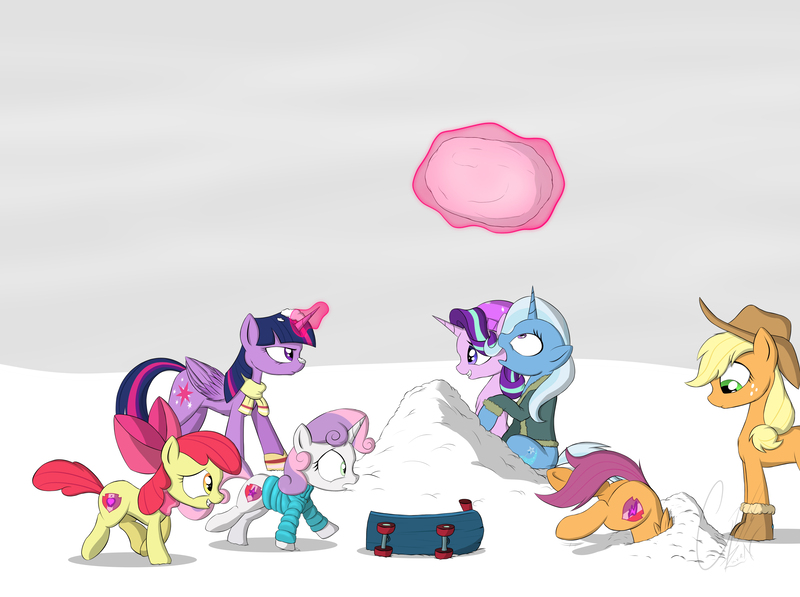 Size: 4826x3600 | Tagged: safe, artist:theravencriss, derpibooru import, apple bloom, applejack, scootaloo, starlight glimmer, sweetie belle, trixie, twilight sparkle, twilight sparkle (alicorn), alicorn, earth pony, pegasus, pony, unicorn, accident, boots, clothes, crash, cutie mark crusaders, disproportionate retribution, female, filly, magic, mare, scarf, scootacrash, scooter, sheepish grin, shoes, shrunken pupils, snow, snowball, snowball fight, stuck, telekinesis