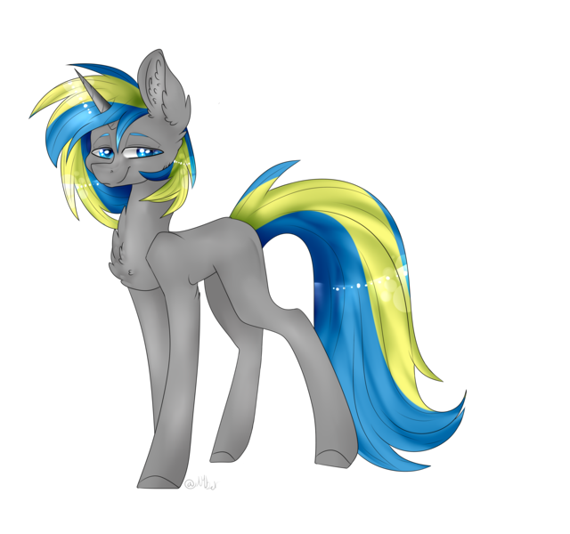 Size: 4105x3847 | Tagged: safe, artist:amberkittydraws, derpibooru import, oc, oc:fizzygreen, pony, unicorn, blue, blue eyes, chest fluff, commission, equine, gray, gray coat, horn, looking at you, male, simple background, smug, solo, stallion, transparent background, walking, yellow