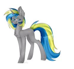 Size: 4105x3847 | Tagged: safe, artist:amberkittydraws, derpibooru import, oc, oc:fizzygreen, pony, unicorn, blue, blue eyes, chest fluff, commission, equine, gray, gray coat, horn, looking at you, male, simple background, smug, solo, stallion, transparent background, walking, yellow