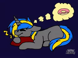 Size: 1024x768 | Tagged: safe, artist:jona, derpibooru import, oc, oc:fizzygreen, pony, unicorn, blue, dark background, donut, dream, equine, floppy ears, food, gray coat, happy, lying down, male, nudity, pillow, pink, sleeping, smiling, solo, yellow