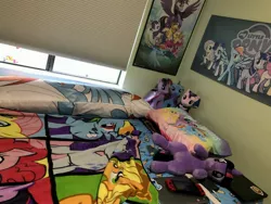 Size: 4032x3024 | Tagged: alicorn, applejack, blanket, body pillow, derpibooru import, fluttershy, irl, mane six, merchandise, needs more ponies, nintendo switch, photo, pillow, pinkie pie, plushie, power bank, rainbow dash, rarity, safe, starlight glimmer, trixie, twilight sparkle, twilight sparkle (alicorn)