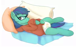 Size: 3380x2107 | Tagged: suggestive, artist:edrian, derpibooru import, oc, oc:daydream, unofficial characters only, earth pony, pony, adult foal, clothes, cute, diaper, diaper fetish, fetish, glasses, hoodie, male, pillow, pullup (diaper), solo, stallion