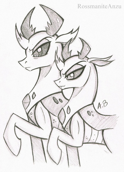 Size: 1422x1964 | Tagged: artist:rossmaniteanzu, brothers, changedling, changedling brothers, changeling, derpibooru import, duo, gray background, grayscale, king thorax, male, monochrome, pencil drawing, pharynx, prince pharynx, raised hoof, safe, simple background, sketch, thorax, traditional art