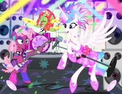 Size: 1000x773 | Tagged: artist:pixelkitties, bass guitar, cheerilee, clothes, derpibooru import, drums, electric guitar, female, guitar, hippie horse noises, horse noises, mare, microphone, musical instrument, nicole oliver, princess celestia, punk, safe, show accurate, speakers, tree hugger, voice actor joke