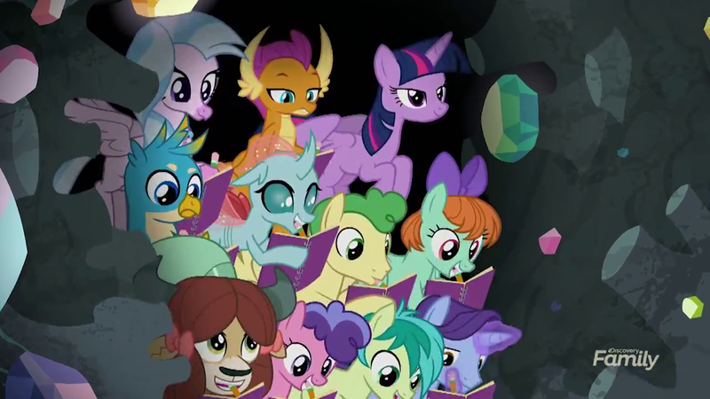 Size: 1280x720 | Tagged: safe, derpibooru import, screencap, berry blend, berry bliss, gallus, huckleberry, november rain, ocellus, peppermint goldylinks, sandbar, silverstream, smolder, twilight sparkle, twilight sparkle (alicorn), yona, alicorn, changedling, changeling, dragon, earth pony, gryphon, hippogriff, pegasus, pony, unicorn, yak, the end in friend, book, cute, diaocelles, diastreamies, dragoness, female, friendship student, gallabetes, gem cave, mine, sandabetes, smolderbetes, student six, varying degrees of want, yonadorable