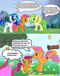 Size: 280x358 | Tagged: safe, artist:leandrovalhalla, derpibooru import, scootaloo, vinyl scratch, oc, oc:dance illusions, oc:wooden toaster, pegasus, pony, unicorn, pony creator, comic, female, kicking, mare, translation request