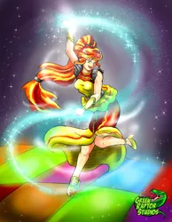 Size: 3021x3896 | Tagged: safe, artist:greenraptor15, derpibooru import, sunset shimmer, dance magic, equestria girls, spoiler:eqg specials, alternate hairstyle, bracelet, bracer, clothes, dress, female, flamenco, jewelry, magic, open mouth, ponied up, shoes, solo, sparkles