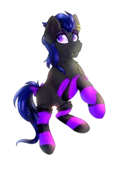 Size: 2746x4000 | Tagged: safe, artist:anonymous, derpibooru import, oc, oc:midnight blue, unofficial characters only, bat pony, hybrid, bow, clothes, commission, ear piercing, earring, jewelry, piercing, ribbon, simple background, socks, solo, stockings, striped socks, tail bow, thigh highs, transparent background