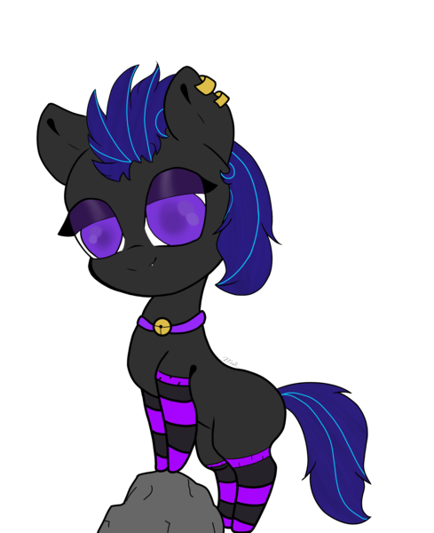 Size: 2951x3624 | Tagged: safe, artist:kittenthedemon13, derpibooru import, oc, oc:midnight blue, unofficial characters only, bat pony, hybrid, bell, bell collar, clothes, collar, commission, ear piercing, earring, jewelry, piercing, simple background, socks, solo, stockings, striped socks, thigh highs, transparent background